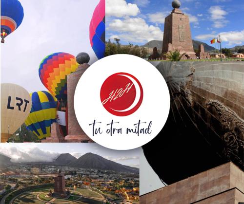 a collage of photos of hot air balloons at Dos Hemisferios in Quito