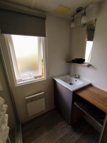 une salle de bain avec un lavabo et un miroir dans l'établissement Chez thomas et Stéphane, à Gastes