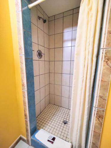 a shower with a glass door in a bathroom at Desert Inn in Van Horn