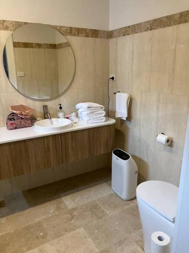 a bathroom with a sink and a mirror and a toilet at Fairbank House in Maldon