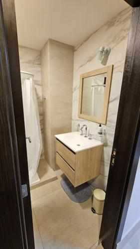 a bathroom with a sink and a mirror at Departamento Margui in San Pedro