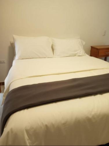 1 cama grande con sábanas y almohadas blancas en Orizaba Suites, en Río Blanco