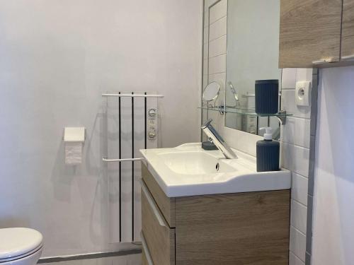une salle de bain avec un lavabo et des toilettes dans l'établissement Charmant T3 avec Clim et WIFI à Balaruc-les-Bains - FR-1-553-262, à Balaruc-les-Bains