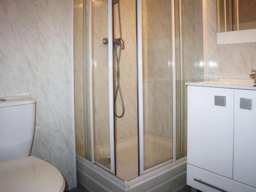 une cabine de douche dans une salle de bain avec toilettes dans l'établissement Coquet studio 2 pers au cœur des Orres 1650 - FR-1-322-628, aux Orres