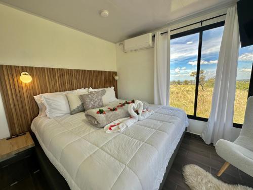 a bedroom with a large white bed with a window at Suite romántica panorámica in Alto Boquete