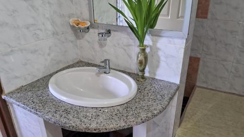 La salle de bains est pourvue d'un lavabo blanc et d'un vase. dans l'établissement CHEZ LORNA 3 nights or plus, à De Quincey Village
