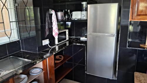 a kitchen with a stainless steel refrigerator at CHEZ LORNA 3 nights or plus in De Quincey Village