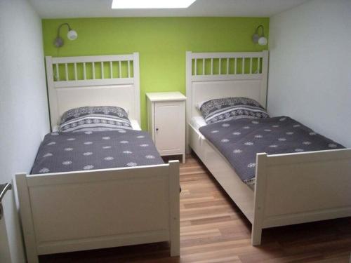 two beds in a room with green walls at Tacke 2 Comfortable holiday residence in Burg auf Fehmarn