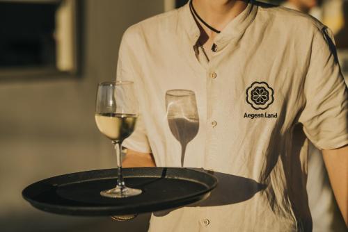 a woman holding a tray with a glass of wine at Aegean Palace in Plaka