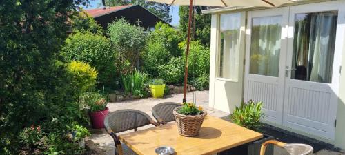 a wooden table with a potted plant on a patio at Zonnig Zuid in Dirkshorn