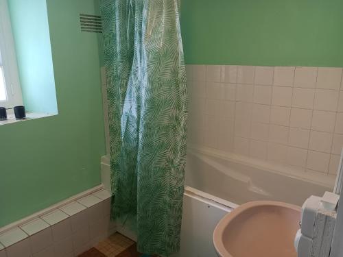 a shower curtain in a bathroom with a tub at location Vakañsoù in Lanouée