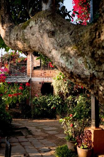 a tree with flowers in front of a building at The Famous Farm in Nawākot