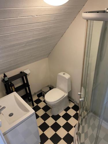 uma casa de banho com WC e piso em xadrez em Galleriet BnB em Stenkyrka
