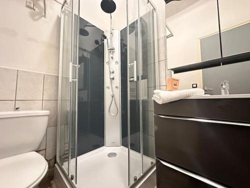 une salle de bain avec une douche, des toilettes et un lavabo dans l'établissement Rue croutelle rez de chaussée proche du centre, à Reims