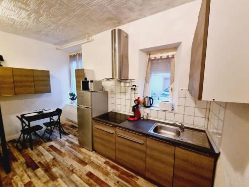 La cuisine est équipée d'un évier, d'un réfrigérateur et d'une table. dans l'établissement Rue croutelle rez de chaussée proche du centre, à Reims