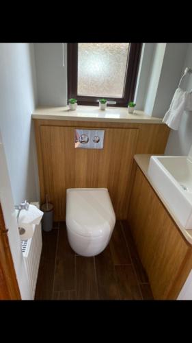 a small bathroom with a toilet and a sink at Heron lodge in Tattershall