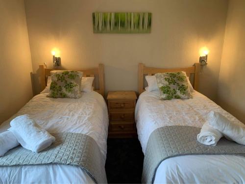 a bedroom with two beds and a nightstand between them at Heron lodge in Tattershall
