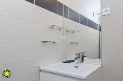 une salle de bain avec un lavabo et un miroir dans l'établissement Ôdétente, à Brié-et-Angonnes