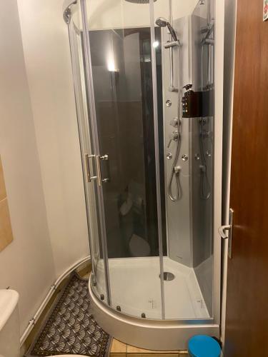 a shower with a glass door in a bathroom at T2 proche de la gare et du centre-ville nouveau proprio in Besançon