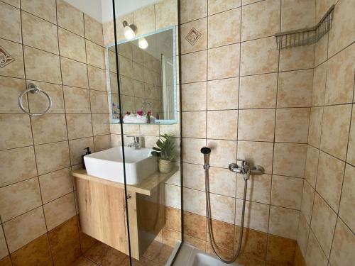 La salle de bains est pourvue d'un lavabo et d'une douche. dans l'établissement Athena Kythera, à Diakofti