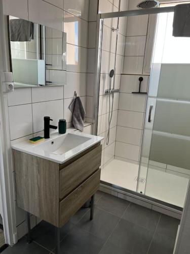 une salle de bain avec un lavabo et une douche dans l'établissement Appartement 2 chambres, 3 couchages, à Paray-le-Monial