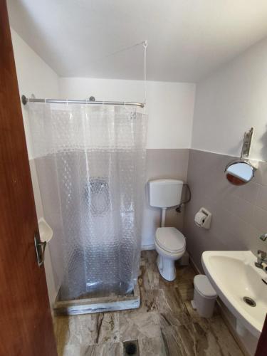 a bathroom with a shower and a toilet and a sink at Manolis Rooms Vathys in Kalymnos