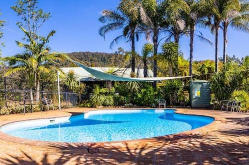 a swimming pool with a hammock in a yard with palm trees at Ralphie’s Villa 2 bed 2 bath with Valley views in Kangaroo Valley