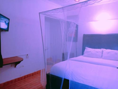 1 dormitorio con 1 cama con dosel de cristal en Js Hotel & Accommodation, en Nakuru