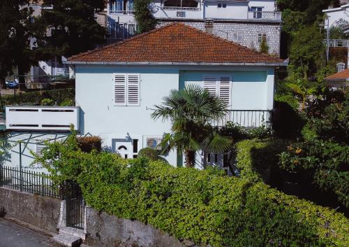 a white house with a palm tree in front of it at Apartmani Bijelic HN in Herceg-Novi