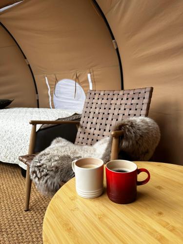 two cups on a table in a tent at Romantic Luxus Glamping 1 in Idestrup