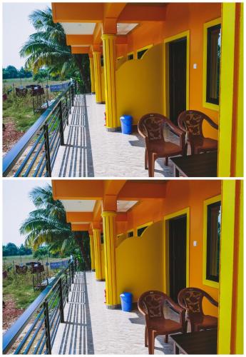 two pictures of a yellow building with chairs at Sai Guru Guest House in Anjuna