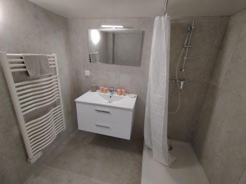 une salle de bain avec un lavabo blanc et une douche dans l'établissement Grand studio avec terrasse, à Cannes