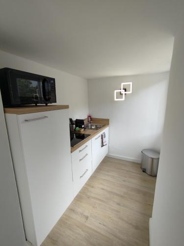 une petite cuisine avec un évier et un micro-ondes dans l'établissement Grand studio avec terrasse, à Cannes