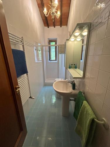 uma casa de banho com um lavatório e um espelho em La Loggia del Ciliegio in Chianti em Montespertoli