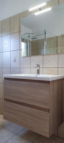 a bathroom with a sink and a large mirror at Apartman Car in Vir