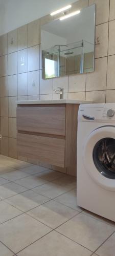 a bathroom with a washing machine and a mirror at Apartman Car in Vir