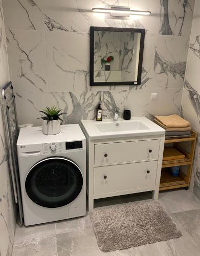a bathroom with a washing machine and a sink at Lux Studio HOTEL in Keyla
