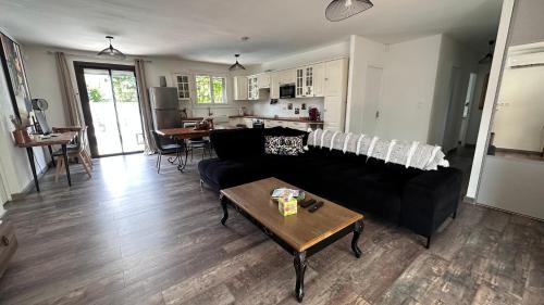 un salon avec un canapé noir et une table dans l'établissement Jolie villa à UZES, climatisée avec piscine, à Uzès