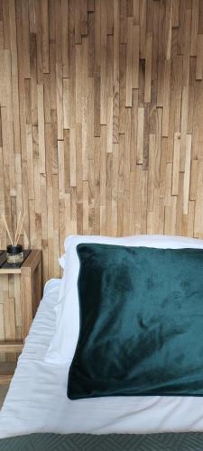 a bed with a green blanket and a wooden wall at Cieślówka in Leżajsk