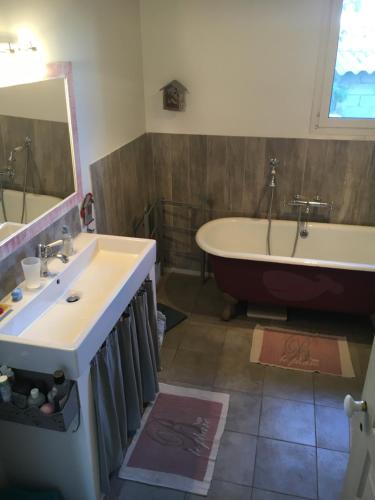 une salle de bain avec une baignoire et un lavabo et une baignoire dans l'établissement Le Moulin, à Murviel