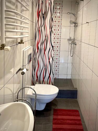 a bathroom with a red and white stripe shower curtain at u bażanta in Uherce Mineralne (7)
