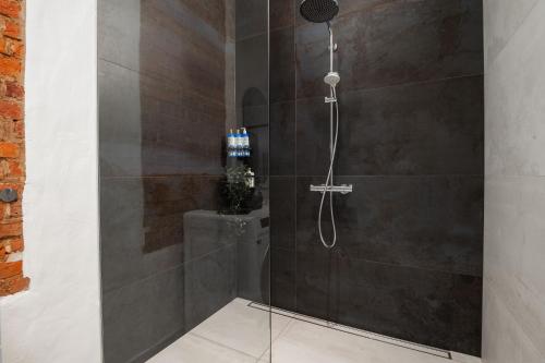 une douche avec pommeau de douche dans une salle de bain dans l'établissement Spacious and Modern City Centre Deluxe Entire Flat for business and holiday, à Pärnu