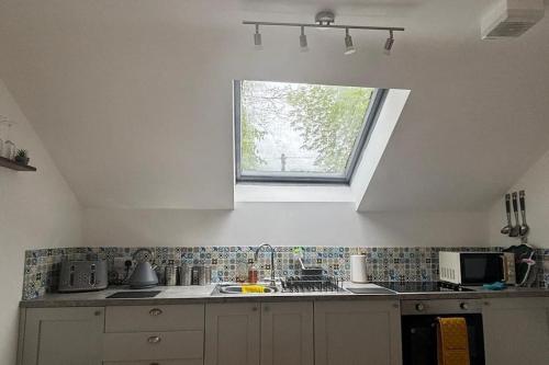 a kitchen with a sink and a window in it at Woodland Lodge, Llanteglos Estate in Narberth