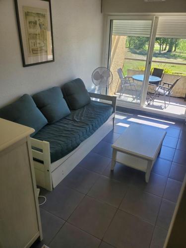 un salon avec un canapé et une table dans l'établissement Appartement piscine golf, à Saint-Cyprien