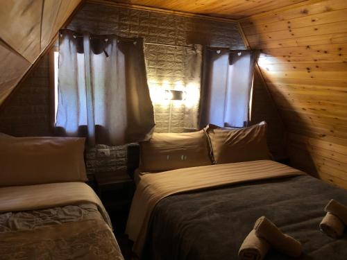 a bedroom with two beds and two windows at Bujtina Pllumi Theth in Theth