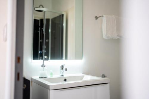 uma casa de banho branca com um lavatório e um espelho em Villa Vichéia - Appartement 14 em Vichy