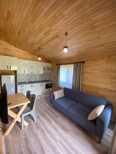 een woonkamer met een blauwe bank en een houten plafond bij Plaj Hotel in Cıralı