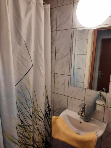 a bathroom with a sink and a shower curtain at Pension Horvath in Sankt Kanzian