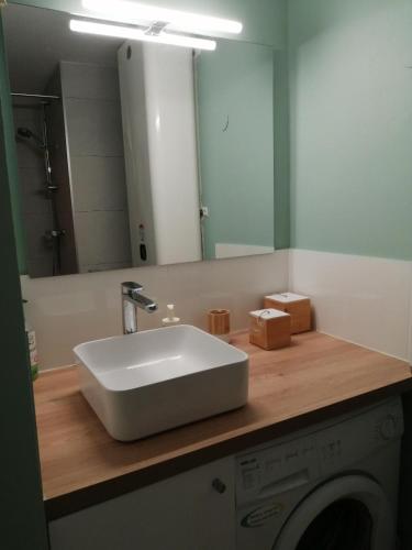 une salle de bain avec un lavabo et une machine à laver dans l'établissement Cap d' Agde - Studio-Cabine - 100 m Plage du Môle - classé 1 étoile, au Cap d'Agde