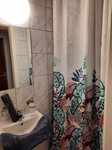 a bathroom with a sink and a shower curtain at Pension Horvath in Sankt Kanzian